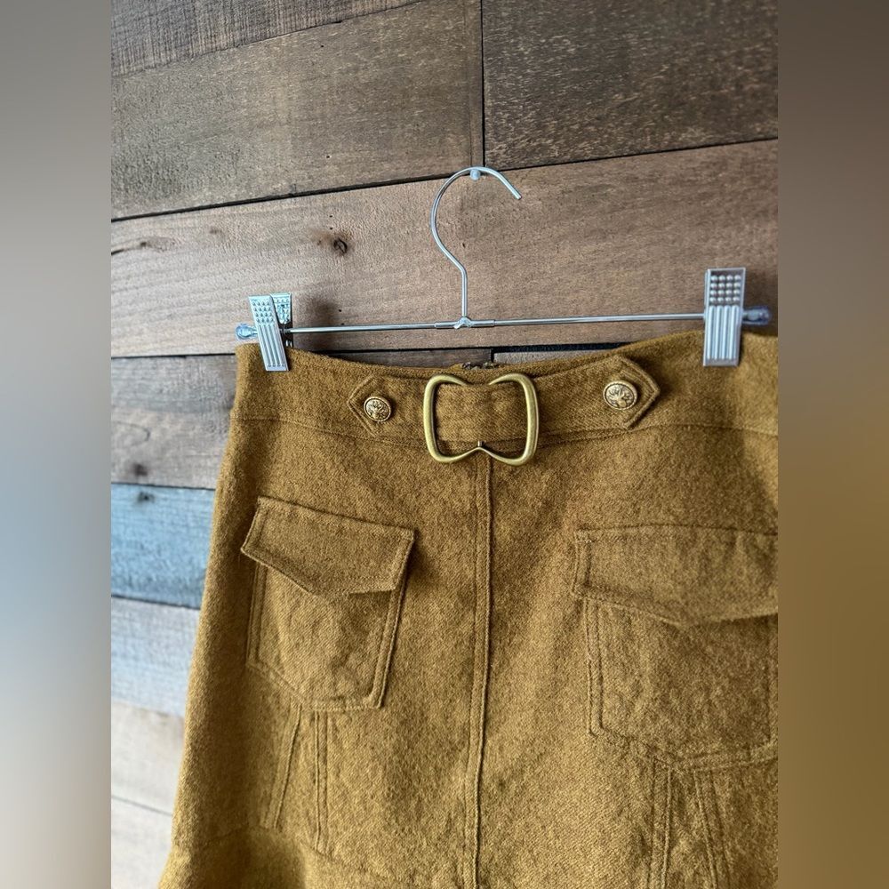 Vintage Inspired Mustard Wool Cargo Mini Skirt Buckle Flounce Hem - Picture 8 of 12